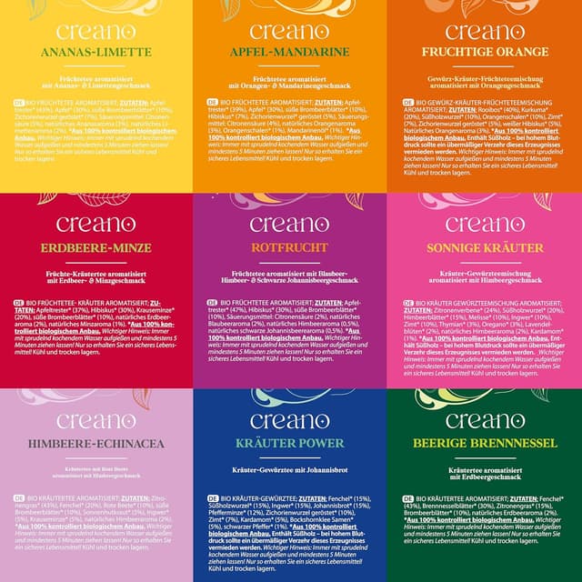 Detalle 2 de Creano Bio Früchtetee & Kräutertee Geschenkset – 45 Bio-Teebeutel in 9 Sorten, koffeinfrei