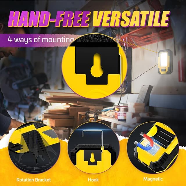Detalle de WARSUN Lampe de travail baladeuse LED COB 1200 lumens, 30W, jaune avec base magnétique et crochet