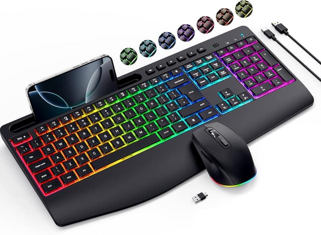 Detalle de VEILZOR Wireless Keyboard and Mouse Set with 9 RGB Backlit Effects and Wrist Rest (2.4G Rechargeable)