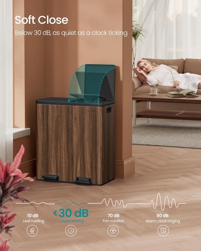 Detalle de SONGMICS Dual Rubbish Bin (LTB060N02) – 2 x 8 Gallon metal recycling bin with pedals, lids & soft closure