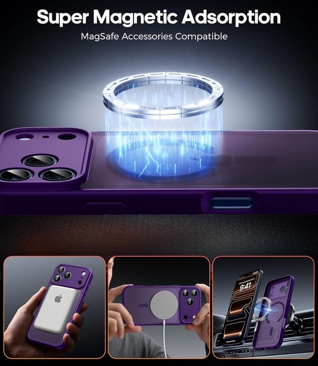 Detalle de FLLAO 3 in 1 Magnetic Case for iPhone 17 Pro Max (Purple) with 2X HD Screen Protector & MagSafe support