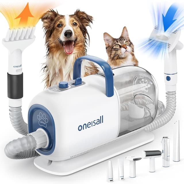 Detalle de oneisall Hundeschermaschine mit Staubsauger & Haartrockner, 2,5-L Staubbehälter, 7 Temperaturstufen (15000 Pa) – Profi Haustierpflegeset