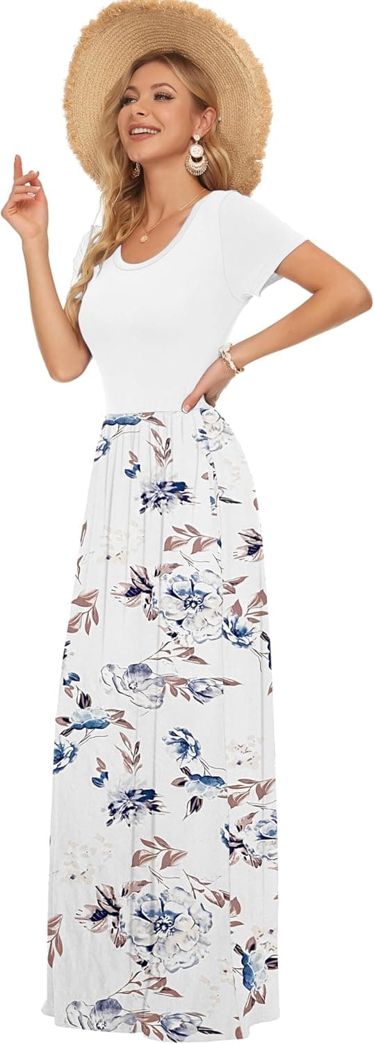 Detalle 2 de AUSELILY Damen Kurzarm Sommerkleid Long Maxi mit Taschen – Polyester/Spandex