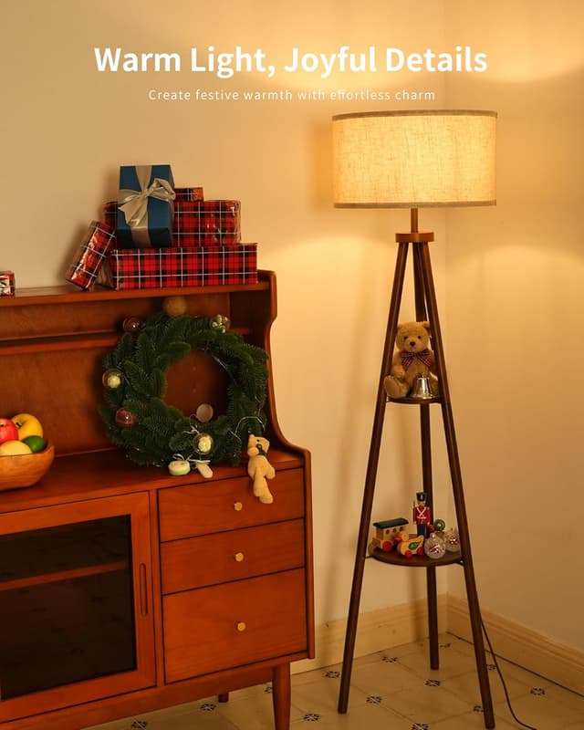 Detalle de LuminexDesigns Lampada da Terra Vintage su Treppiede in Legno con Ripiano e Paralume in Tessuto (interruttore a pedale)