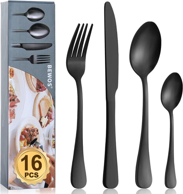 Imagen de BEWOS 16-piece matt black cutlery set 🍴 en OfertitasTOP