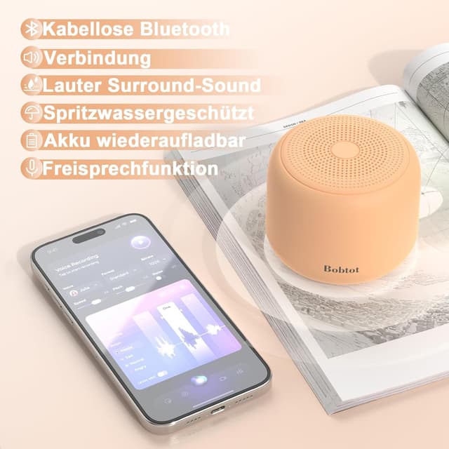 Detalle de Bobtot Tragbarer Bluetooth-Lautsprecher (Orange) mit 15 Stunden Spielzeit, wasserdicht und Freisprechfunktion