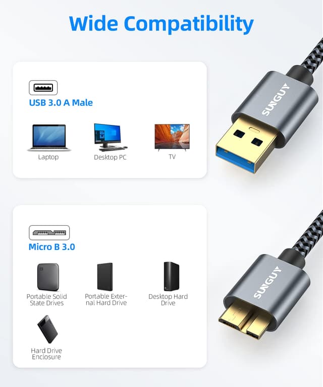 Thumbnail 6 de SUNGUY USB-3.0-Micro-B-Kabel (USB-A auf Micro-B, 1,5 m) für externe Festplatten & Smartphones