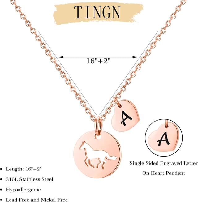 Detalle 2 de TINGN Pferde Mädchen Geschenk Kettenherz mit Buchstaben A–Z aus Edelstahl (16 Zoll)
