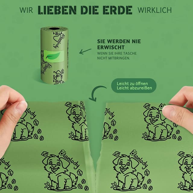 Detalle de Blanlody Hundekotbeutel (450 Stück) biologisch abbaubar mit Duft, inkl. 30 Rollen à 30 x 22 cm