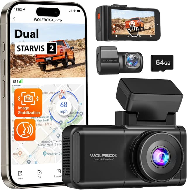 Detalle de WOLFBOX X3 Pro Dual Front & Rear Dash Cam with 5MP STARVIS 2, GPS, Wi‑Fi and ADAS (X3 Pro)