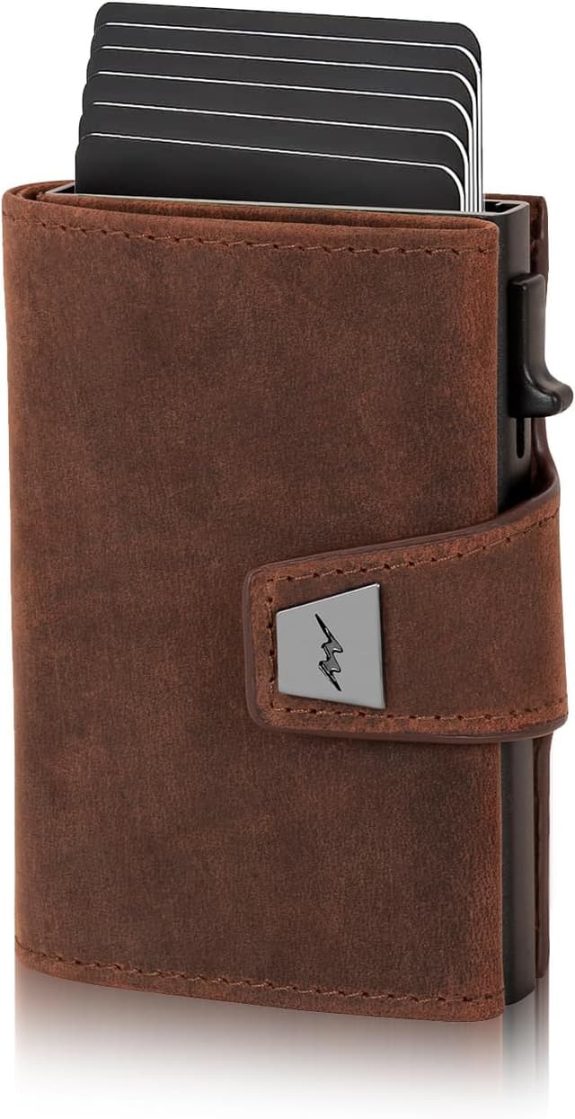 Detalle de Marc Peter Herren-Geldbörse aus Leder mit RFID-Schutz, Münzfach und Slim-Pop-up Kartenetui (Vintage Braun)