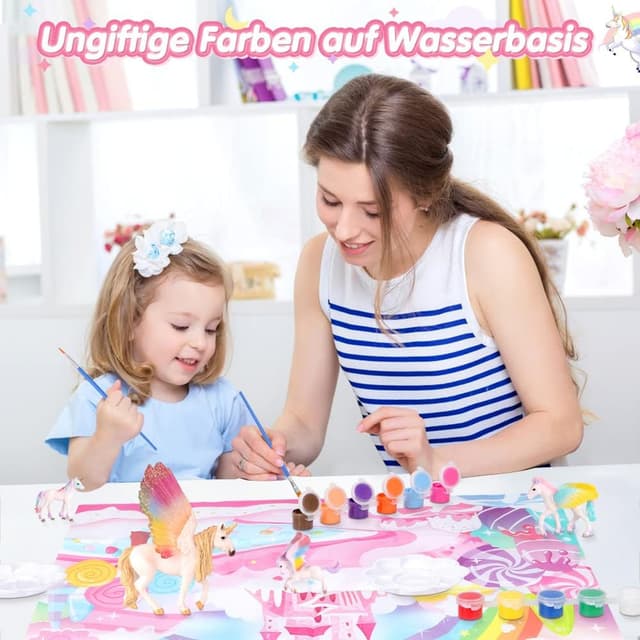 Detalle de Lekebaby Einhorn Malset für Mädchen (4–8 Jahre) mit 12 Einhörnern, 4 Pinseln und Glitter-Gelen