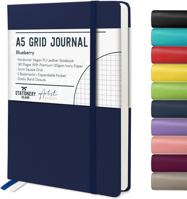 Detalle de STATIONERY ISLAND A5 Squared Notebook (Graph Paper) with 120gsm Thick Pages, 180 Pages — Blueberry