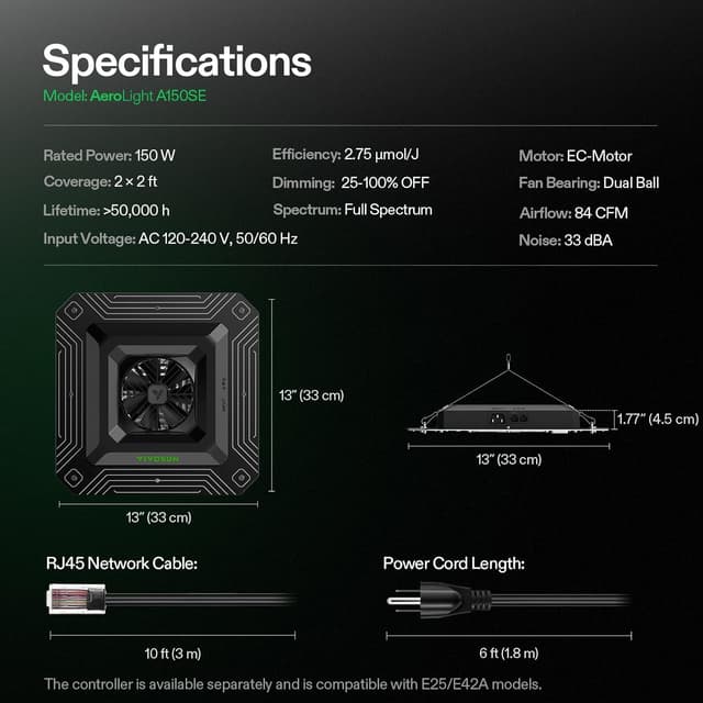 Detalle de VIVOSUN AeroLight A150SE luce di crescita LED 150W con ventola integrata, compatibile con app (per Growhub E42A/E25)
