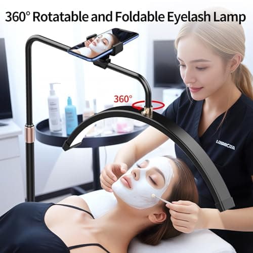 Detalle 2 de Stjiatu lámpara para extensiones de pestañas con soporte para teléfono, anillo LED de luz fría y cálida y altura ajustable