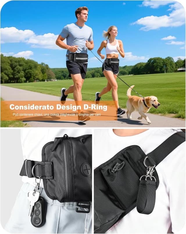 Detalle de Razobws Borsa Porta Snack per Cani con dispenser integrato e bande riflettenti, marsupio impermeabile nero