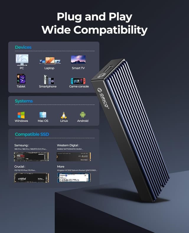 Detalle de ORICO M.2 NVMe/SATA SSD Gehäuse-Adapter M2PVM – USB 3.2 Gen 2 (10 Gbps), für M-Key & B+M Key