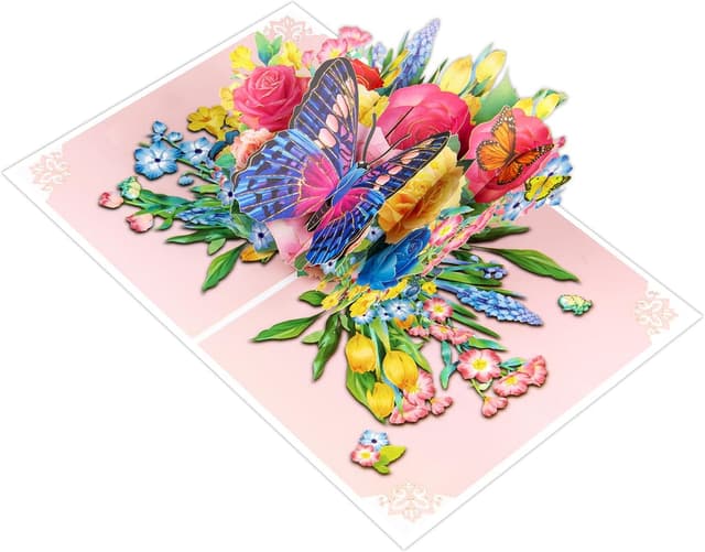 Detalle de DLYMXGC Butterfly and Pink Gold Roses Bush Pop Up Card – 3D paper flower bouquet greeting card
