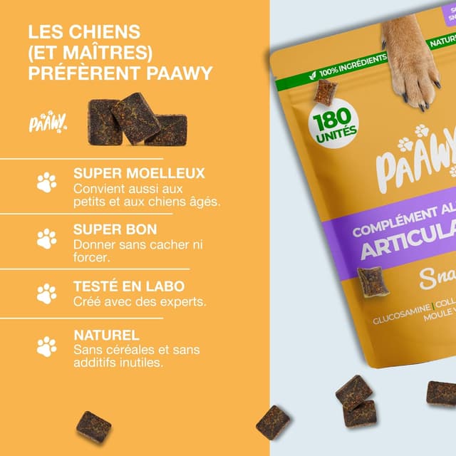 Detalle 2 de Paawy Articulation Chien – compléments articulations en snacks (180) pour mobilité et arthrose