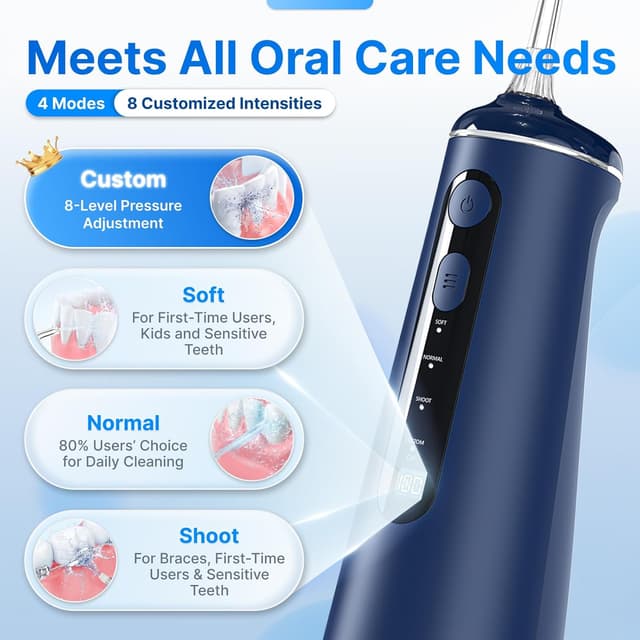 Detalle de Cordless Water Flosser for Teeth with 8 DIY Modes, 7 Jets and 300ml Tank (Blue) – Portable Rechargeable Oral Irrigator