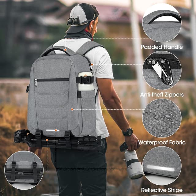 Detalle de RAINSMORE Professional Camera Backpack with raincover and 14-inch laptop compartment (Grey)