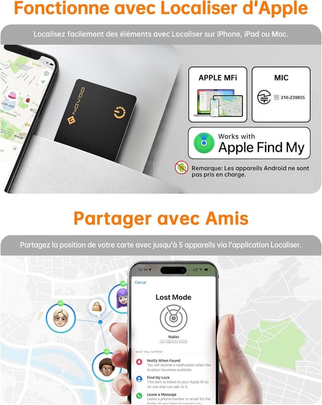 Detalle de NOVOO Smart Air Tag Traceur Carte Bluetooth – Wallet Tracker ultra-fin compatible Apple Localiser (iOS uniquement)