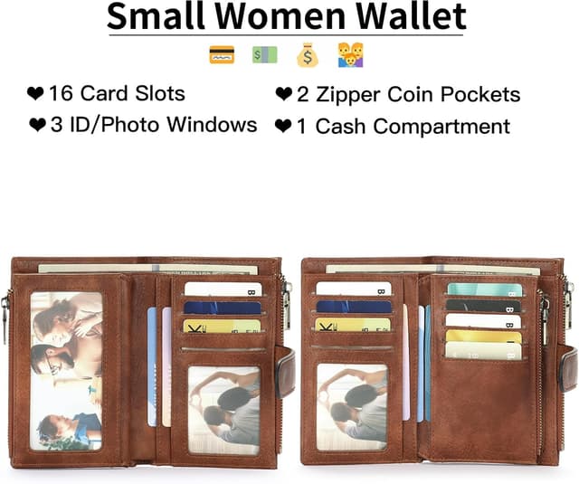 Detalle 2 de GOIACII bifold leather wallet for women with RFID blocking, 16 card slots and zip coin pocket