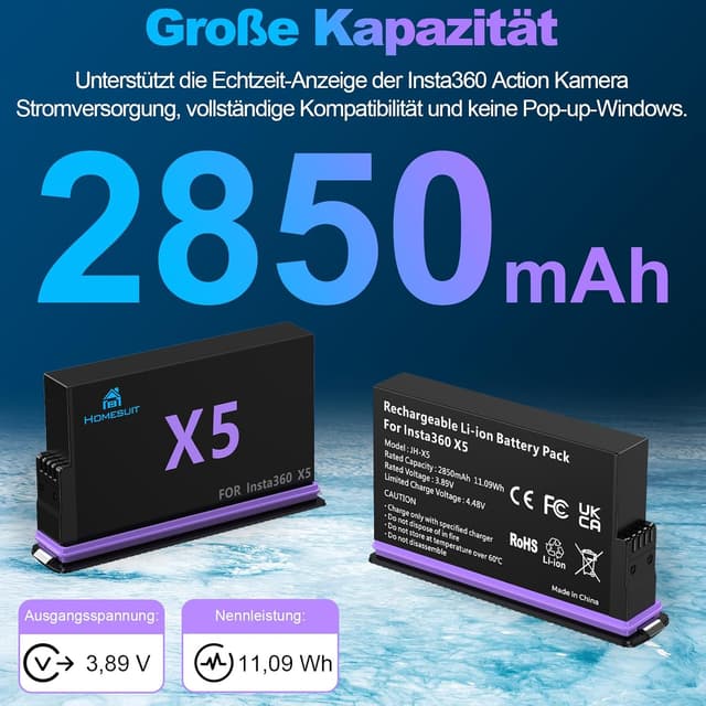 Thumbnail 2 de Homesuit Insta 360 X5 Akku 2er-Pack 2850mAh Ladekit