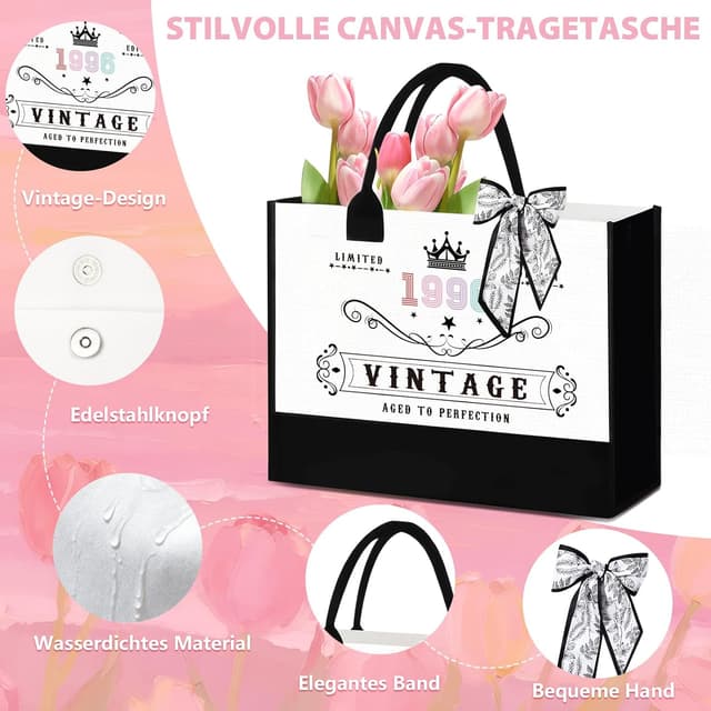 Detalle de 30. Geburtstag Geschenk Set für Frauen (Vintage 1996) mit Canvas-Tasche, Edelstahlbecher & Grußkarte