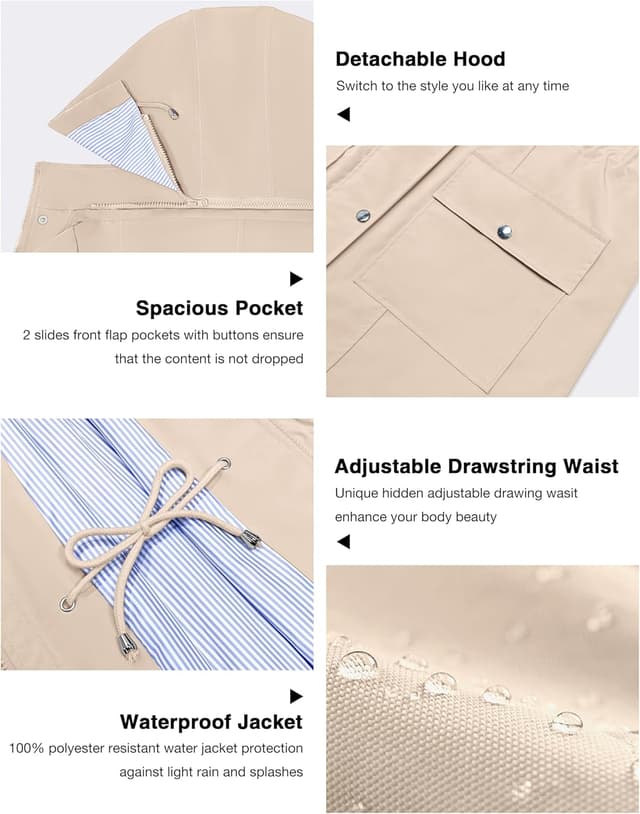 Thumbnail 4 de Bloggerlove Women’s Lightweight Rain Jacket Raincoat — Waterproof Hooded Striped Trench (S–XXL)