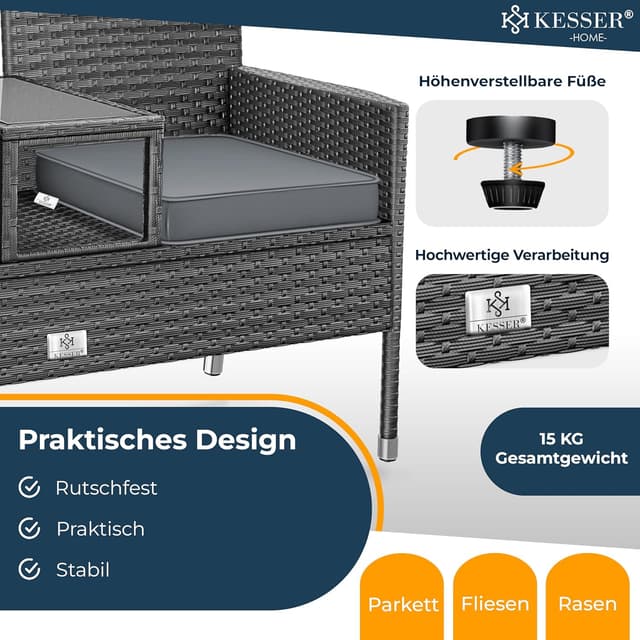 Thumbnail 4 de KESSER Polyrattan Gartenbank 2-Sitzer Tisch 143×63×88 cm Grau