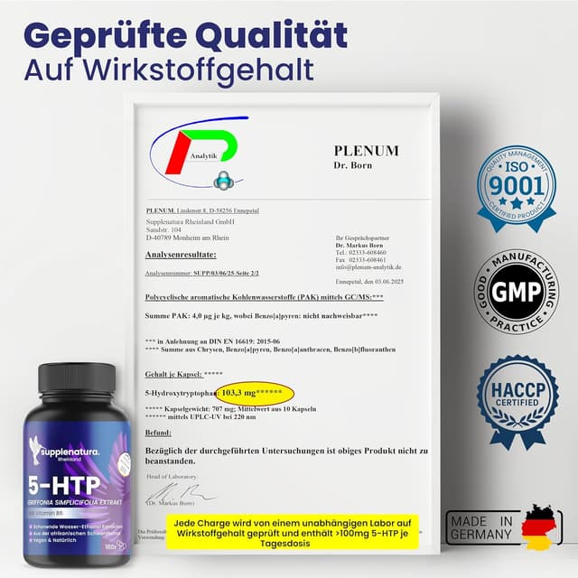 Detalle de 5 HTP (Serotonin) von SUPPLENATURA® – 180 vegane Kapseln mit 500 mg Griffonia-Extrakt