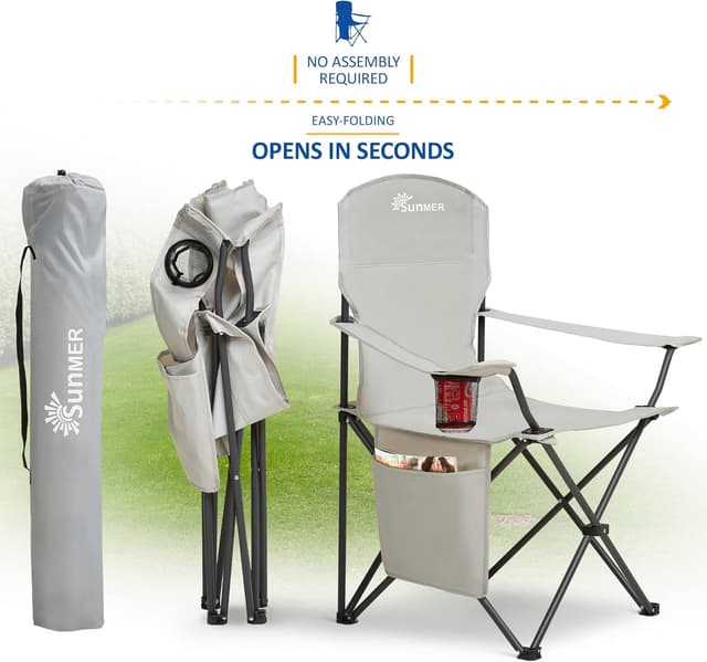 Detalle 2 de SUNMER Folding Camping Chairs (Set of 2) – Extra-Wide Lightweight Outdoor Chairs with Armrests, Cup Holder & Pocket – Grey