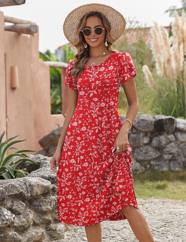 Detalle de Zeagoo women’s summer short-sleeve midi dress with pockets (floral swing dress, S–XXL)