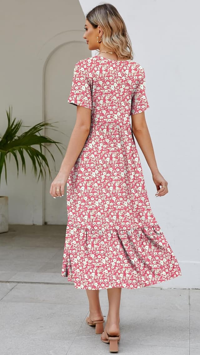 Detalle de Women's 2026 Summer Short Sleeve V-Neck Swing Dress with Tiered Maxi Skirt and Pockets