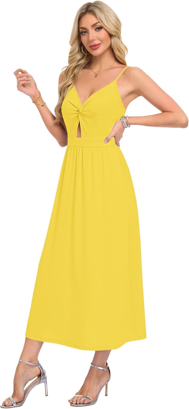 Detalle de AUSELILY summer maxi dress for women with V-neck, sleeveless fit and pockets