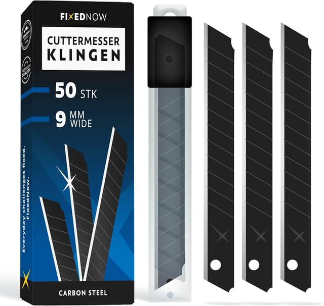 FixedNow 50 x Cuttermesser-Klingen 9 mm extra scharf aus japanischem Carbonstahl (Abbrechklingen)