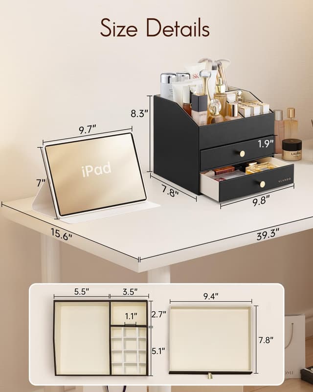 Detalle de VLANDO Make-up Organizer mit 3 Schubladen (Schwarz) – Kosmetik- und Skincare-Aufbewahrung für Bad & Dresser