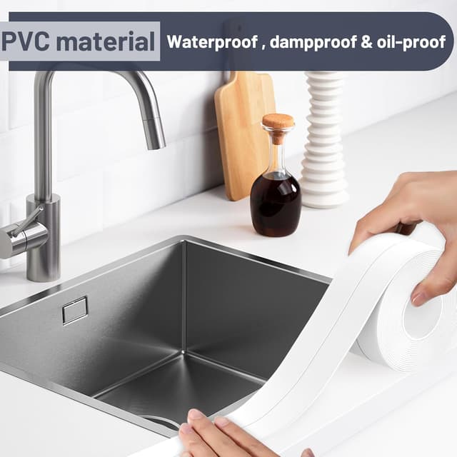 Detalle de Mokani Bath Sealant Strip (Self-Adhesive Caulk Tape) – White Waterproof PVC Tape, 2 Rolls with Sealing Tool (126 x 1.5in)