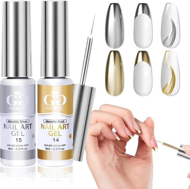 Detalle de GOICC 2 smalti gel cromati argento e oro metallizzato per nail art 3D effetto specchio, con pennello sottile (richiede 8 ml)