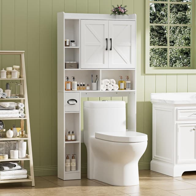 Detalle de BonVache Waschmaschinenschrank mit 2 Türen und Seitenfach – weiß, mit verstellbaren Ablagen