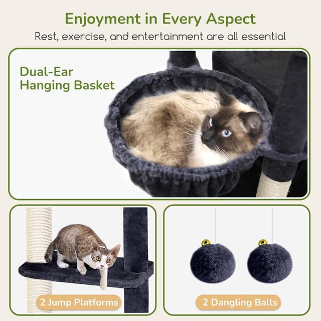 Thumbnail 5 de Globlazer Globlazer Tiragraffi XXL alto 203 cm con 3 grandi grotte, piattaforma e cesto per 4-6 gatti adulti (S80, grigio scuro)