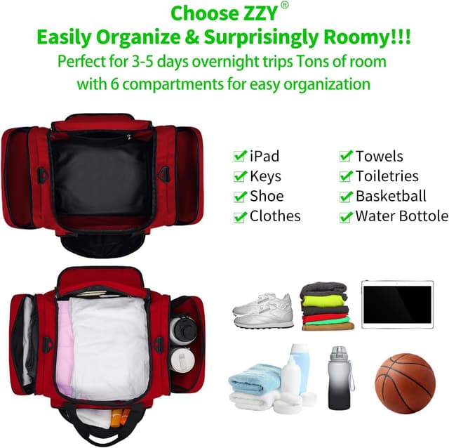 Detalle 2 de ZZY Sporttasche 40L Reisetasche Fitness-Tasche mit Schultergurt (rot) für Damen & Herren
