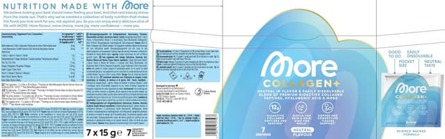 Detalle 2 de MORE Collagen+ Box (7 x 15 g) – geschmacksneutral mit Kollagenhydrolysat, Hyaluronsäure, Vitaminen & Mineralstoffen