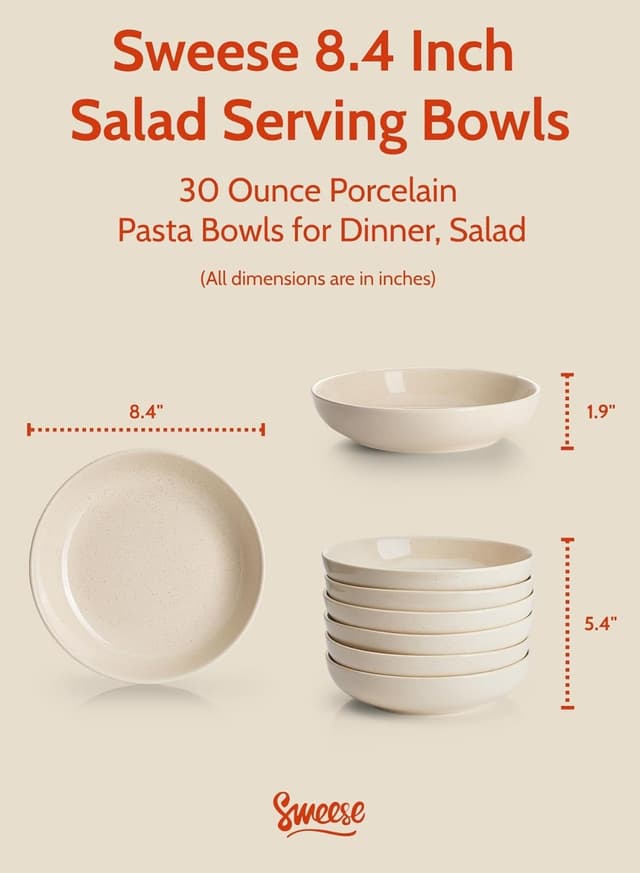 Detalle 2 de Sweese 30 Oz Salad Serving Bowls Set of 6 (8.4 Inch) Beige Porcelain Bowls
