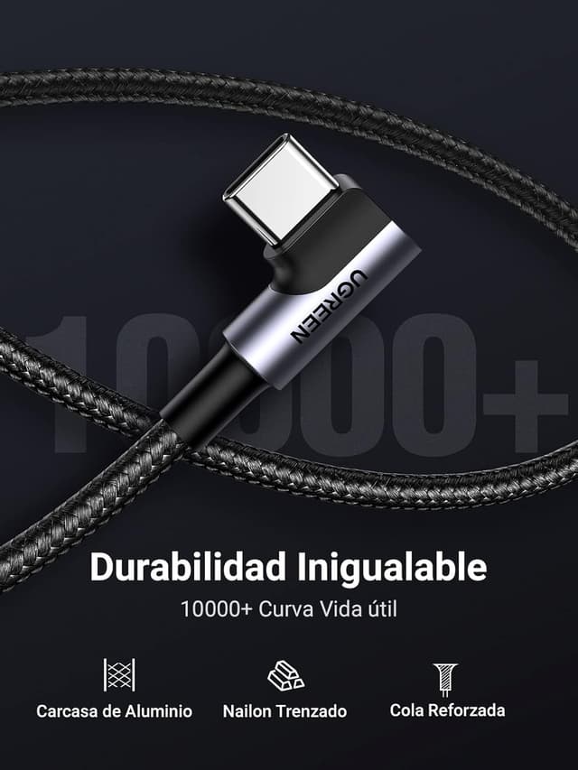 Detalle 2 de UGREEN Cable Tipo C 90° 2M, Carga Rápida ⚡