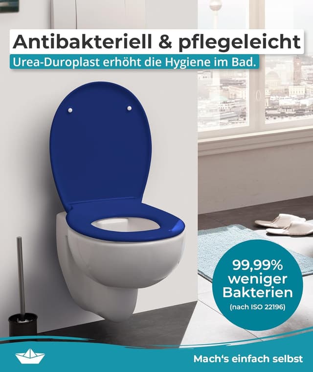 Detalle de Calmwaters® Premium WC Sitz mit einfacher Montage, antibakterieller Duroplast, Absenkautomatik – blau, oval (bis 250 kg)