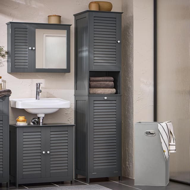 Detalle de SoBuy Meuble colonne avec panier à linge BZR124-DG, armoire étroite pour salle de bain ou WC (gris) 40x170x38 cm