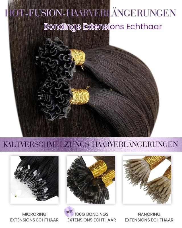 Detalle de LaaVoo Bondings Extensions Echthaar Dunkelbraun mit Keratin-Bondings (60 cm, 50 g, #2)