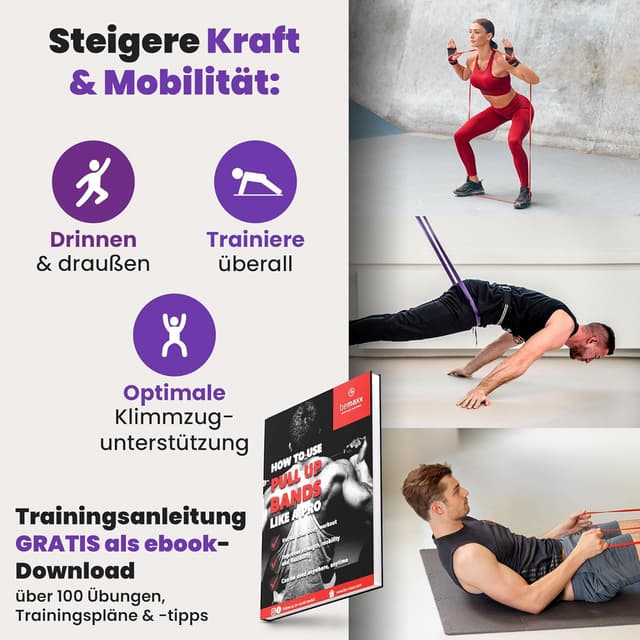 Detalle de Fitnessband Pull Up Resistance Band (Klimmzughilfe) mit Trainings-eBook – unterstütztes Training für Klimmzüge & Ganzkörper